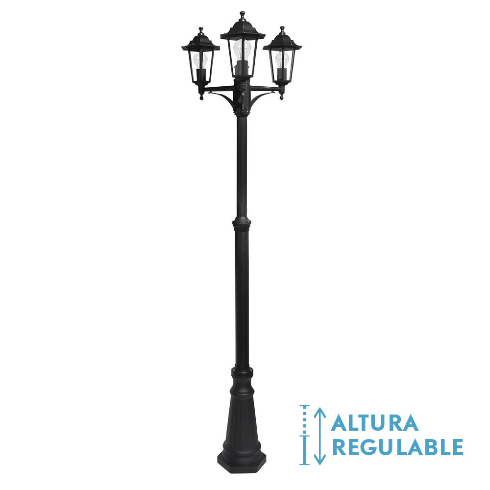 Farola Exterior Aluminio Auriga 3xe27 Negro Ip44 220x62x62 Cm Regulable En Altura