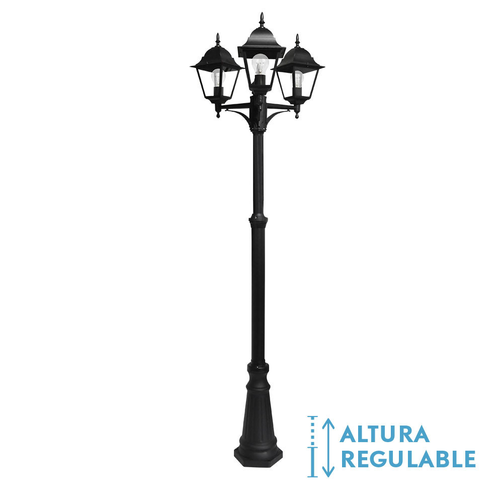 Farola Exterior Aluminio Spica 3xe27 Negro Ip44 220x62x62 Cm Regulable En Altura