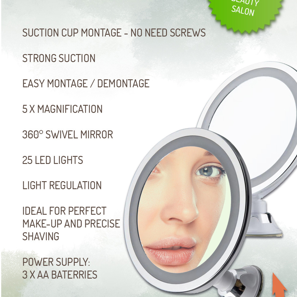 Espejo De Baño 24 Leds Diam.20cm Giro 360º Ventosa Aumento 5x Ajuste