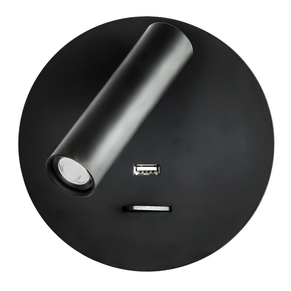Aplique 3w 4000k Giotto Redondo Negro Puerto Usb 150lm C/interruptor 14x14x12cm Orientb