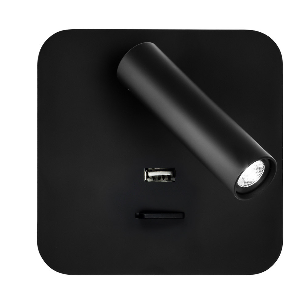 Aplique 3w 4000k Giotto Cuadrado Negro Puerto Usb 150lm C/interruptor 14x14x12cm Orientb