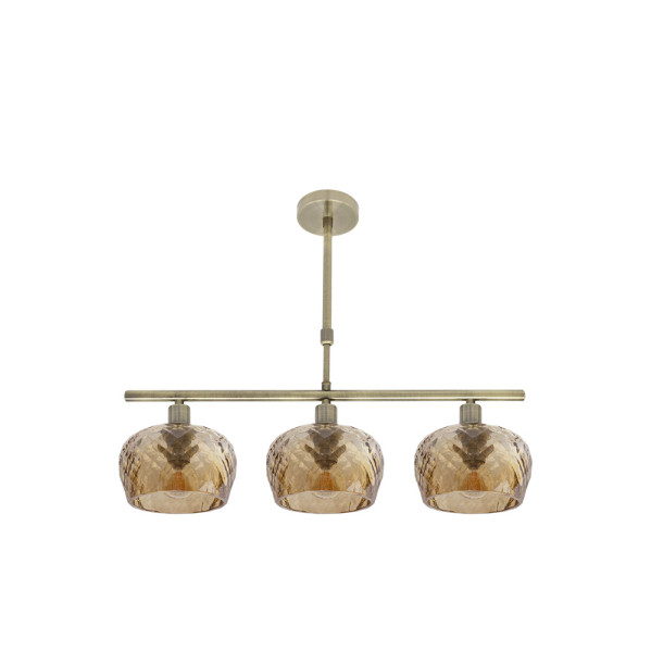 lampara Estela 3xe14 Cuero Regx55x13 Cm C/tulipas  Cristal Tallado Ambar