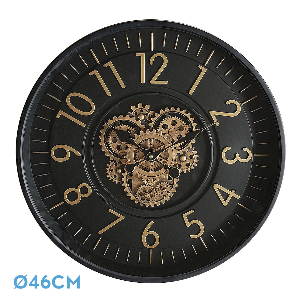 Reloj De Pared Lacio Oro/negro 46x46x8cm Engranajes Con Movimiento