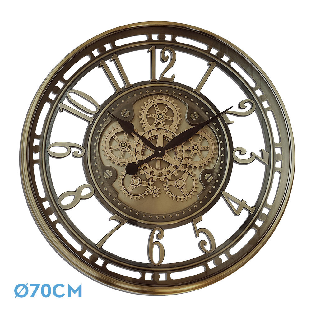 Reloj De Pared Mesina Bronce 70x70x8cm Engranajes Con Movimiento