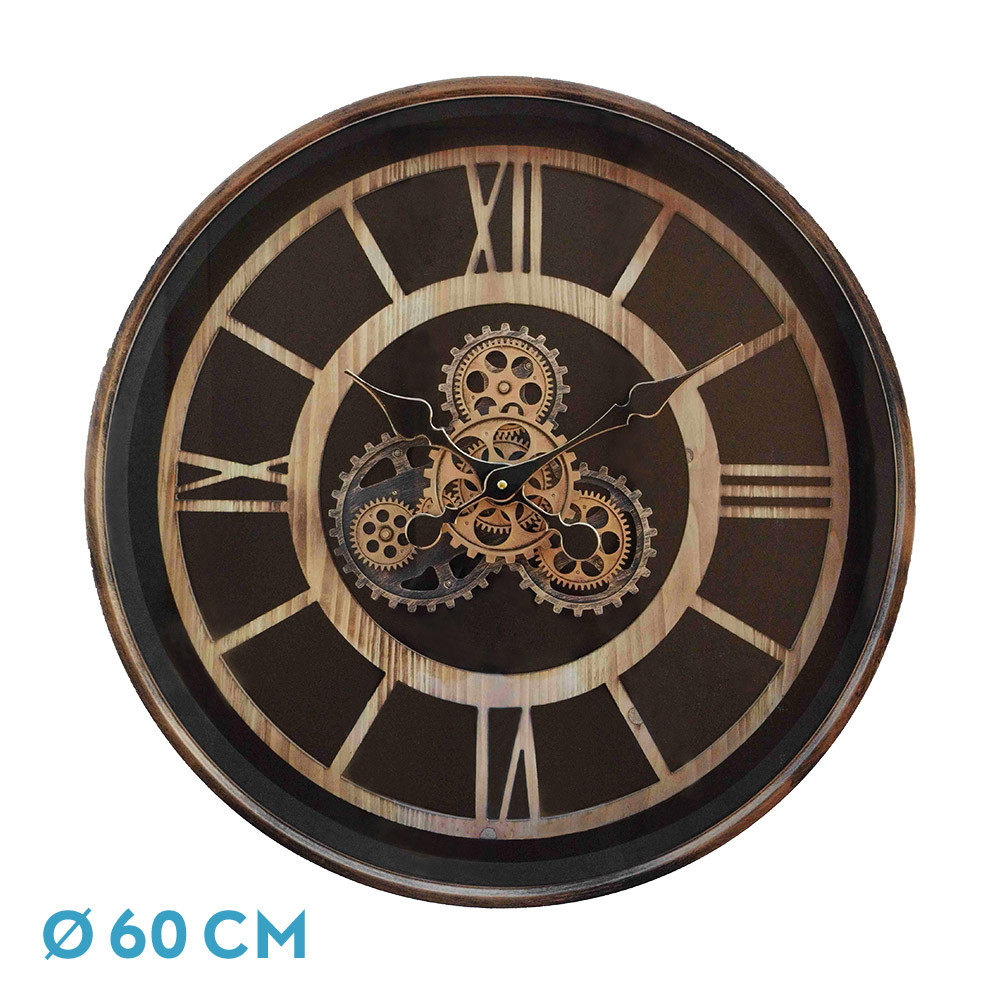 Reloj De Pared Durcal Marron/haya/oro 60x60x8cm Engranajes Con Movimiento