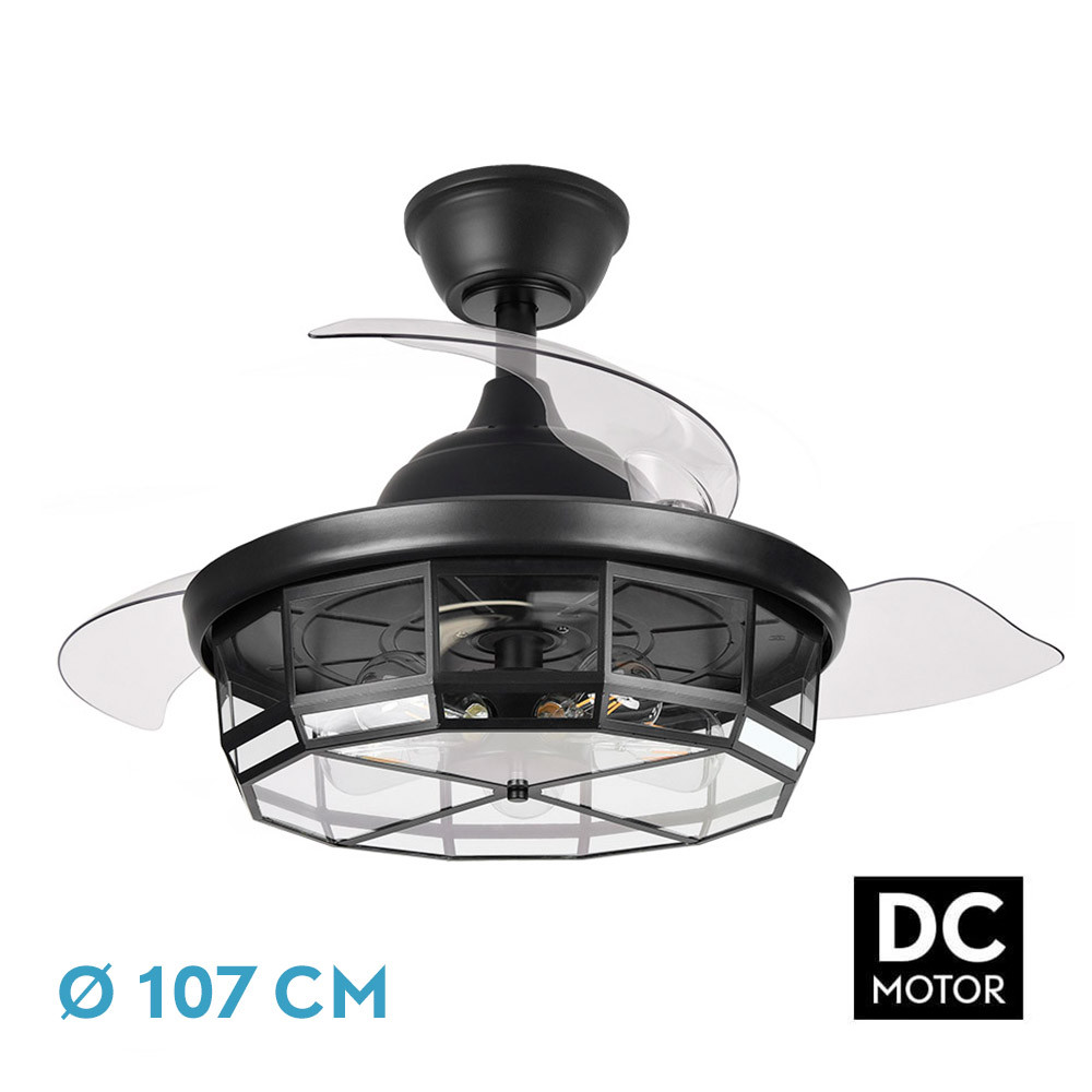 Ventilador Dc Tornado Negro 5xe27 107d 3aspas Desplegables 6velocidades C/remoto Y Temporizador