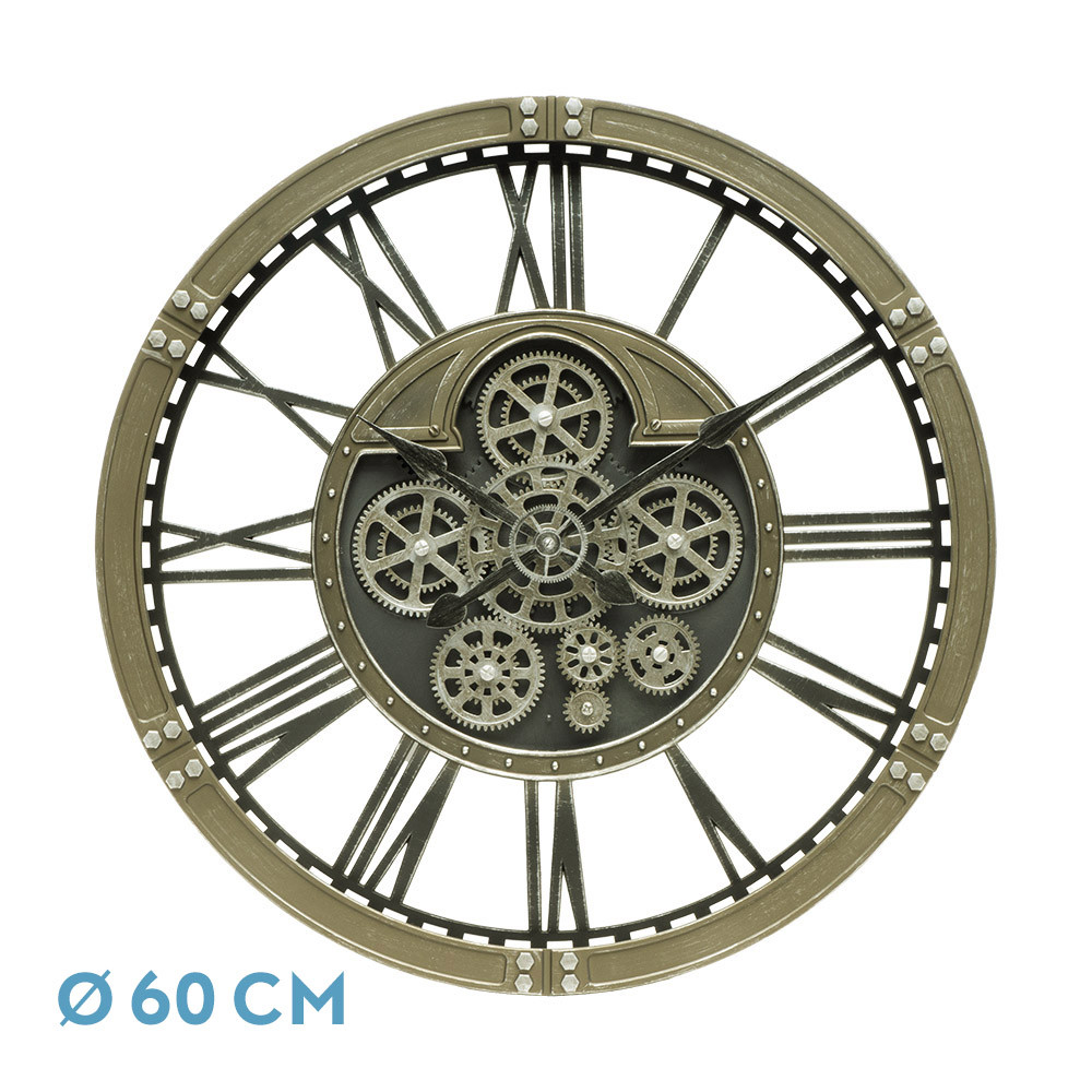 Reloj De Pared Agron Cuero 60x60x7cm Engranajes Con Movimiento
