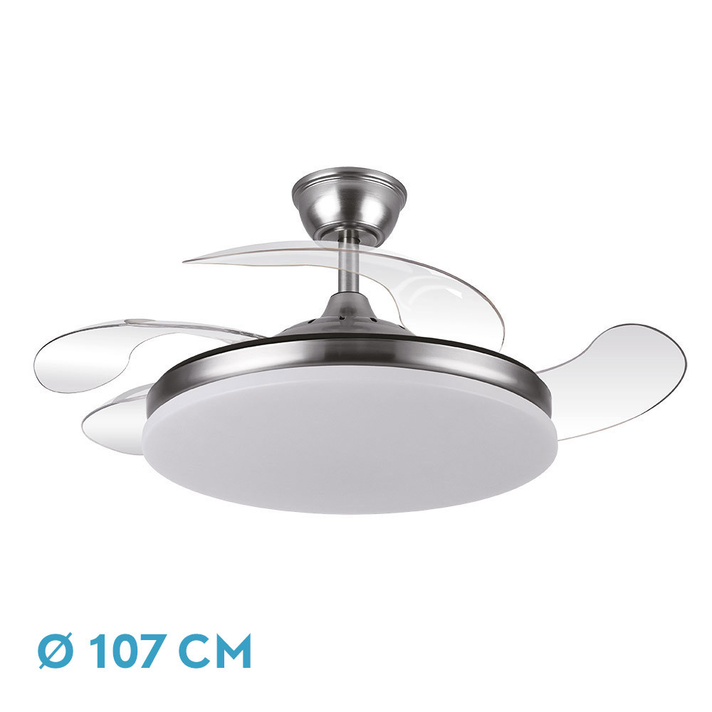Ventilador Dc Tridente 59w Niquel 4aspas Desp.107d 6980lm Reg.intensidad Remoto+temporizador+memoria 3000-4000-6000k