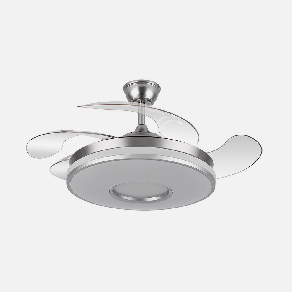 Ventilador Dani 59w 6980lm Niquel 4 Aspas Desplegables 6 Velocidades 106d 3000-4200-6500k Remoto, Reg.Int, Memori Y Tempor