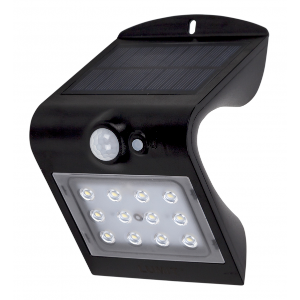 Aplique Solar 1,5w 4000k+6000k Solaris Negro 220lm Ip65 Carga Solar Sensor Movil Y Luminic